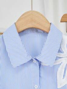 Randig långärmad skjorta och minikjol med blommönster för tonårsflickor, avslappnad outfit - Blått och Vitt - Visa 4