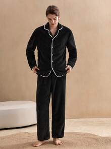 Old Money 男士舒适撞色滚边毛绒前开襟长袖上衣和裤子睡衣套装，黑色，毛绒保暖，秋冬服装