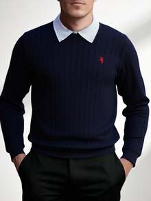 SHEIN 1 st tonårspojke gentleman-stil enfärgad marinblå rund halsad tröja för casual, mångsidig och snygg för affärer, skola, födelsedagsfest, vardagskläder, elegant och minimalistisk design - Marinblå - Visa 4