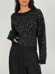 SHEIN MOOSTA Fashionable Sequin Embellished Party Sweater For Women - Black - View 6