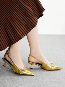 CUCCOO BIZCHIC Tacones de aguja de tacón de gatito con correa trasera dorada para mujer, versátiles para el uso diario, fiestas, uso casual y trabajo