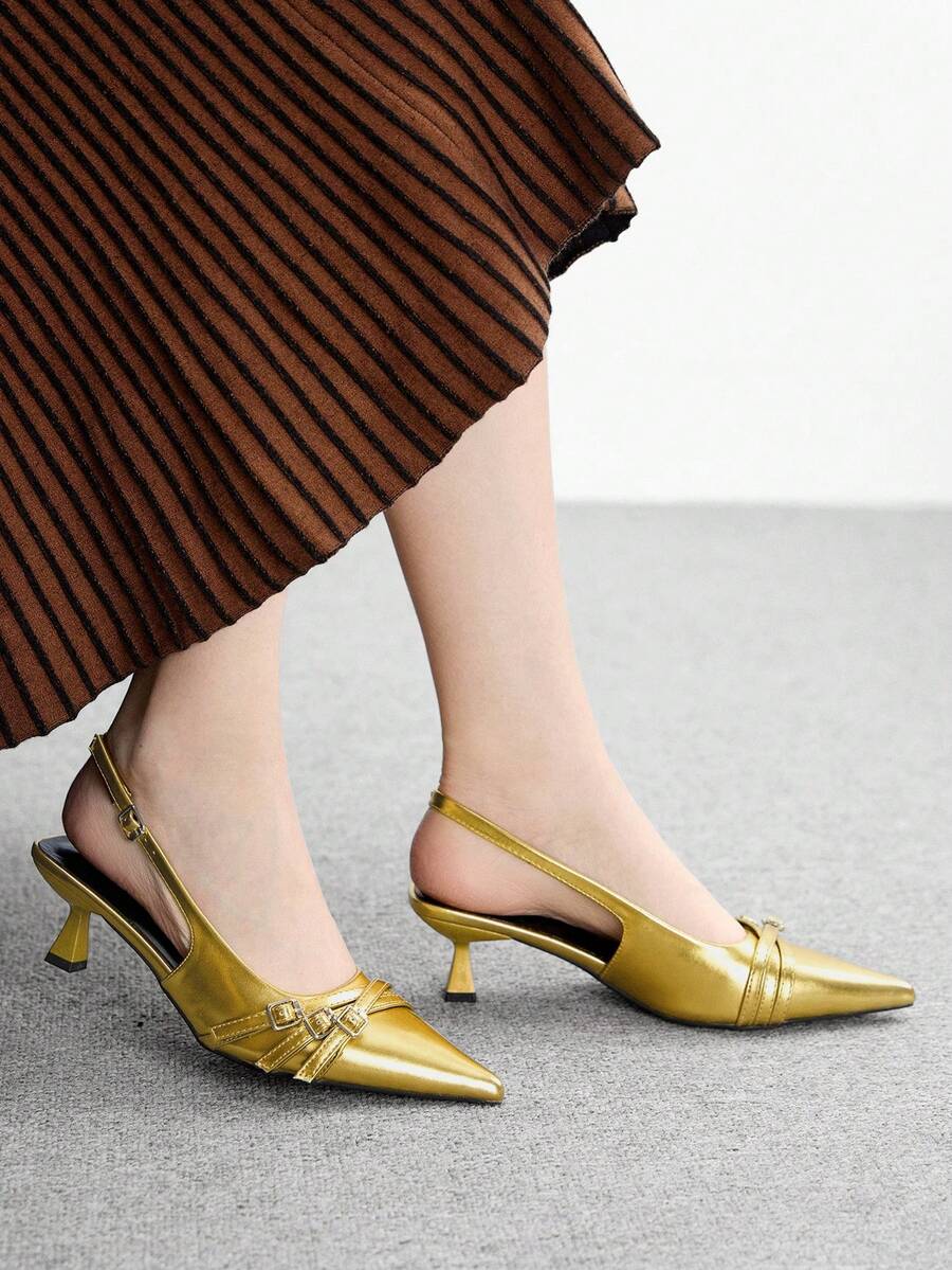 CUCCOO BIZCHIC Tacones de aguja de tacón de gatito con correa trasera dorada para mujer, versátiles para el uso diario, fiestas, uso casual y trabajo