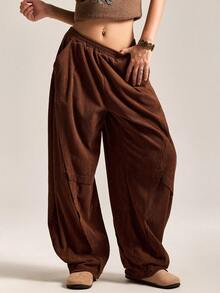 Easelle 女式复古休闲棕色宽松松紧腰梭织裤 - 棕色 - 查看 5