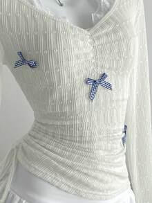 Elamini 蝴蝶结撞色蕾丝领口褶饰腰部修身长袖 T 恤 - 薄荷綠 - 查看 3