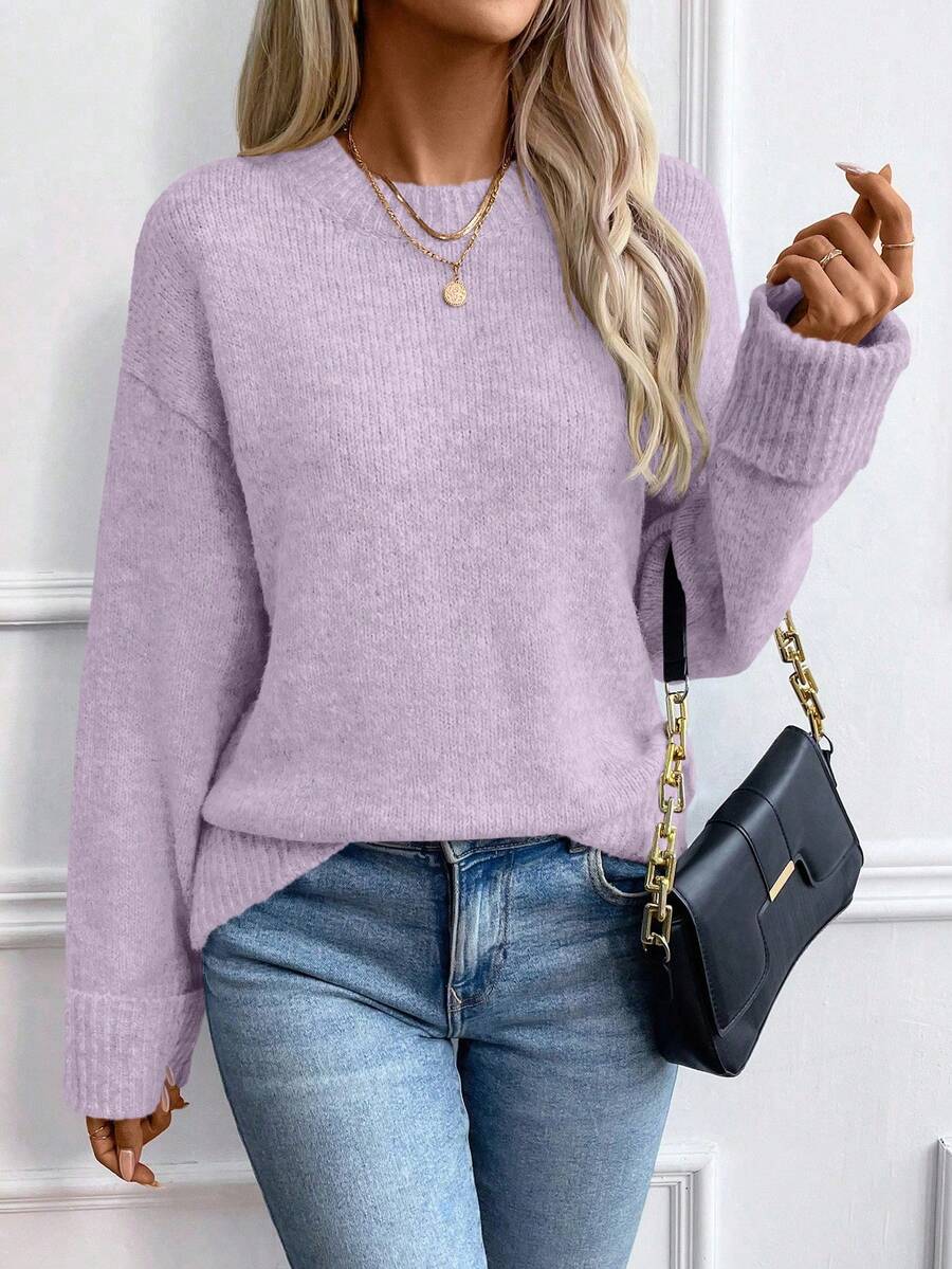 EMERY ROSE 女式紫色宽松落肩圆领罗纹袖口套头衫 - 紫色 - 查看 1