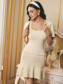 Omancia 2 件女士优雅奢华金色亮片斗篷吊带裙和针织毛衣套装，适合派对、万圣节、圣诞节、新年、秋冬 - 杏色 - 查看 6