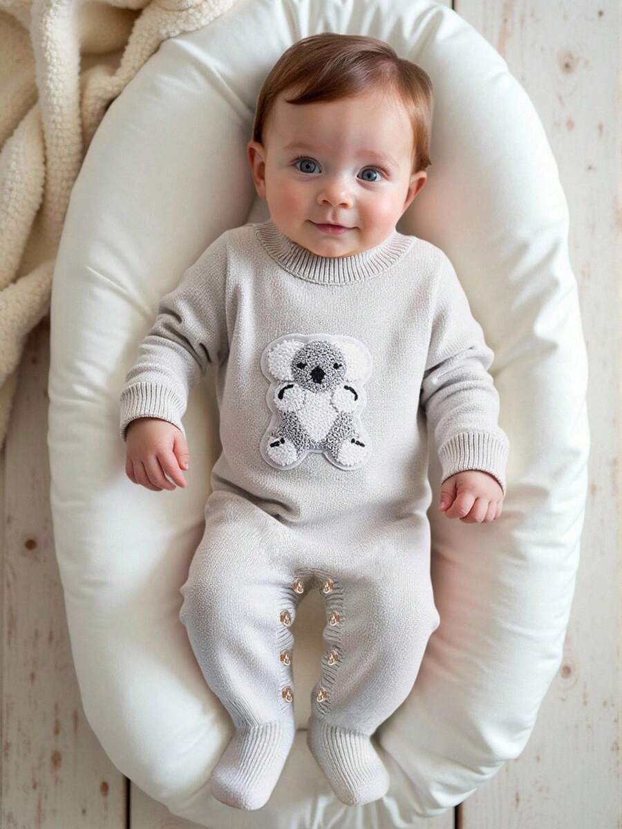 SHEIN Baby Boys Koala Graphic Knit Jumpsuit,Cute Autumn Comfortable Long Sleeve Sweater Jumpsuit - Grey - View 1