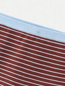 SHEIN Unity Women's Autumn Knitted Two Pieces Set,Camel Blue And White Stripe Contrast Embroidery Round Neck Short Sleeve Casual School Back-To-School Y2K Retro - Multicolor - View 8
