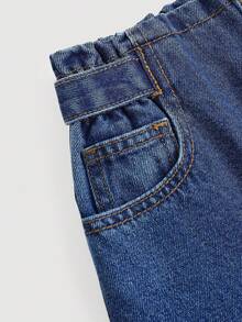 SHEIN 年轻女孩宽松深蓝色牛仔裤，适合秋季、冬季、休闲时尚度假穿着，2000年代风格，万圣节牛仔裤，圣诞节。 - 深色水洗藍 - 查看 4