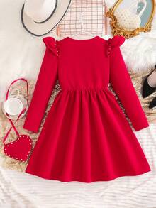 Cute Red Autumn Knit Dress For Tween Girls,Featuring Puff Sleeves,Ruffle Shoulders,And Heart-Shaped Backpack,Elegant For Christmas Events And Party - Red - View 2
