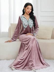 Al Najma 女式优雅亮片蝴蝶图案长袖连衣裙，秋季 - 淺灰紫 - 查看 6