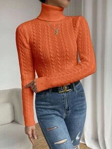 EMERY ROSE Women's Solid Color High Neck Regular Shoulder Long Sleeve Twist Knit Casual Fitted Pullover Sweater - Orange - View 5