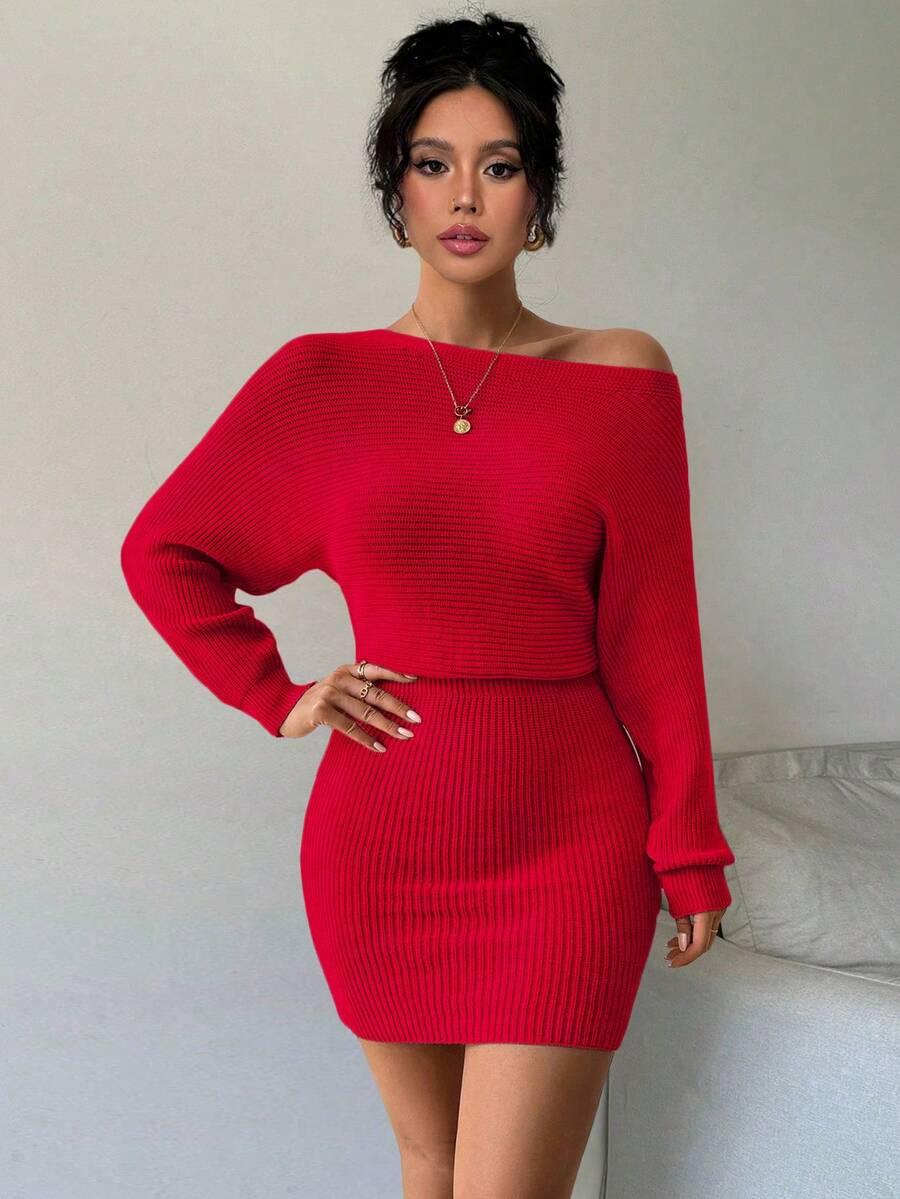 Rafferiza Autumn/Winter New Solid Color Cinched Waist Bodycon Knit Dress - Red - View 1
