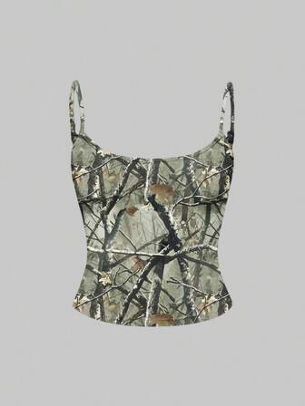 Grunge Punk Sexy Vintage Zweig Muster Trägerhemd Top für Frauen, Y2K Stil