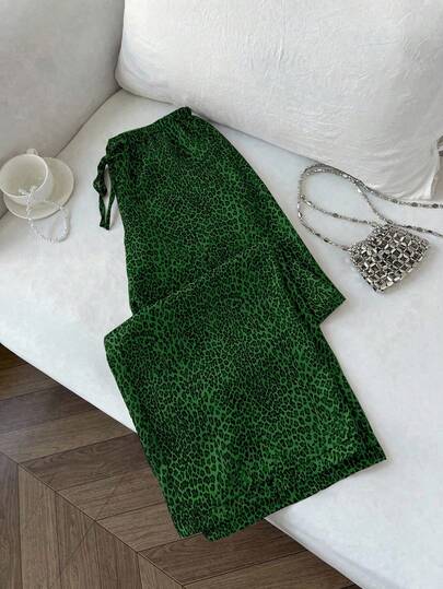 Elamini 2025 Pantalones de pierna ancha con diseño de estampado de leopardo, ligeros y sexy, con cintura elástica con cordón, pantalones rectos adelgazantes, adecuados para uso diario, de vuelta al colegio