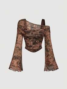 SHEIN MOD 女士不对称肩部花卉印花网眼T恤 - 彩色 - 查看 6