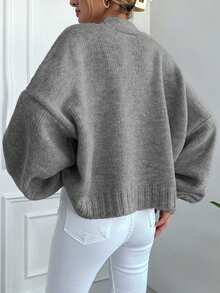 EURMUSE Women's Solid Color V-Neck Front Button Elegant Long Sleeve Cardigan - Light Grey - View 2