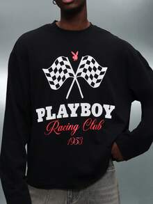 PLAYBOY X SUMWON Áo thun tay dài in hình cờ đua và logo cổ điển cho phong cách cuối tuần thường ngày - màu đen - Xem 4