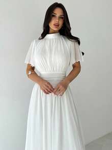Firerie 女士优雅浪漫高腰 A 字形荷叶边立领连衣裙，喇叭袖，白色，适合通勤、海滩、度假 - 白色 - 查看 5