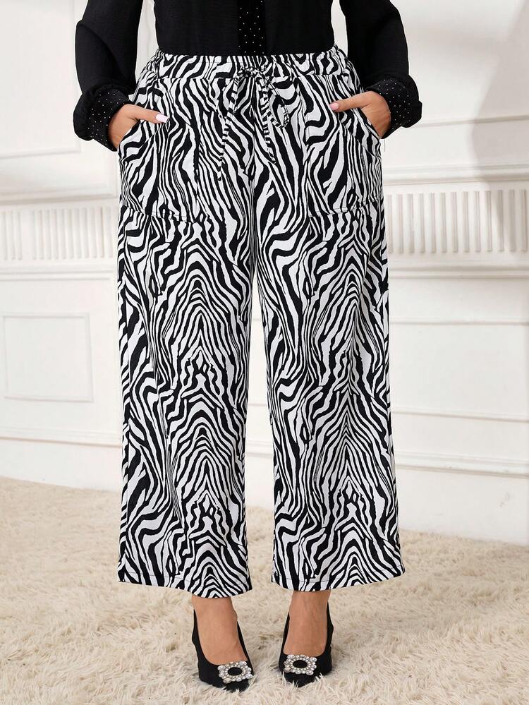 Plus Size Zebra Print Pocketed Loose Casual Pants, Party For Women, Autumn/Winter,2025 New