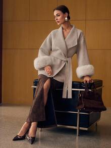 MOTF PREMIUM WOOL BELTED CONTRAST FAUX FUR OVERCOAT - Beige - View 7