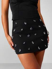 MISSGUIDED Embellished Mini Skirt With Crystal Rhinestone Details For Evening Party - Black - View 1