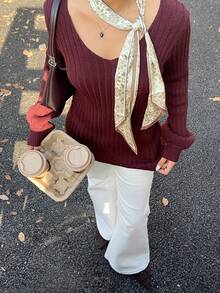 Siren Gaze 女式 V 领罗纹针织优雅长袖套头衫 - 棕色 - 查看 6