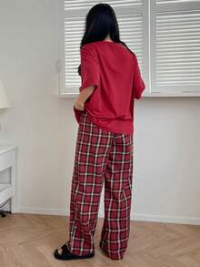 DAZY 休闲宽松格子上衣和裤子家居服红色睡衣休闲套装 - 紅色 - 查看 2