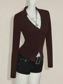 SHEIN ICON Fitted Long Sleeve T-Shirt With Embroidered Floral Mesh Back Panel - Brown - View 7