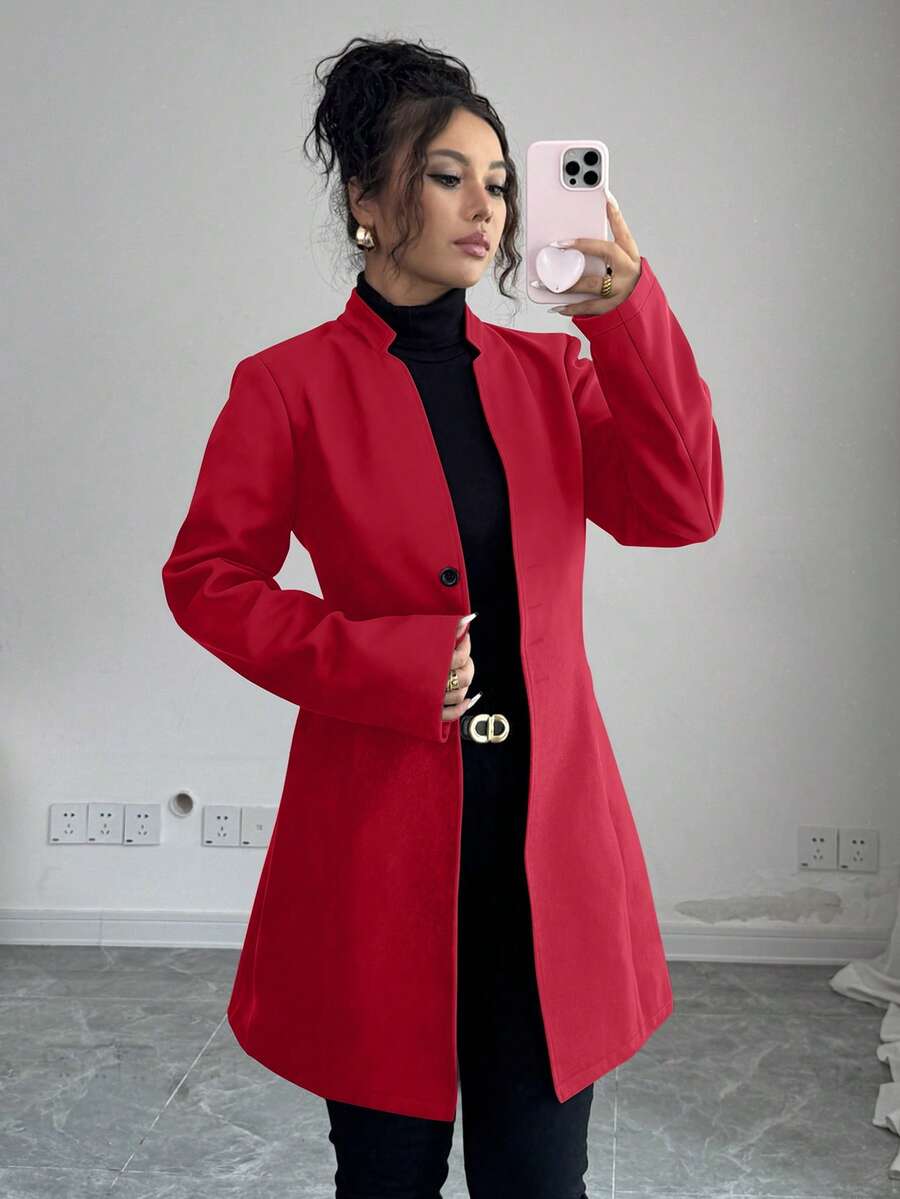 SHEIN Tall 女士休闲立领修身夹克 - 紅色 - 查看 1