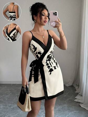 Elenzga Sexy & Elegant Wrap Front V-Neck Printed Women Short Dress