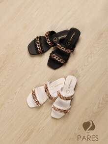 Paquete de dos pares de sandalia plana para dama, punta abierta, adecuada para cualquier ocasión. - Blanco - Ver 1