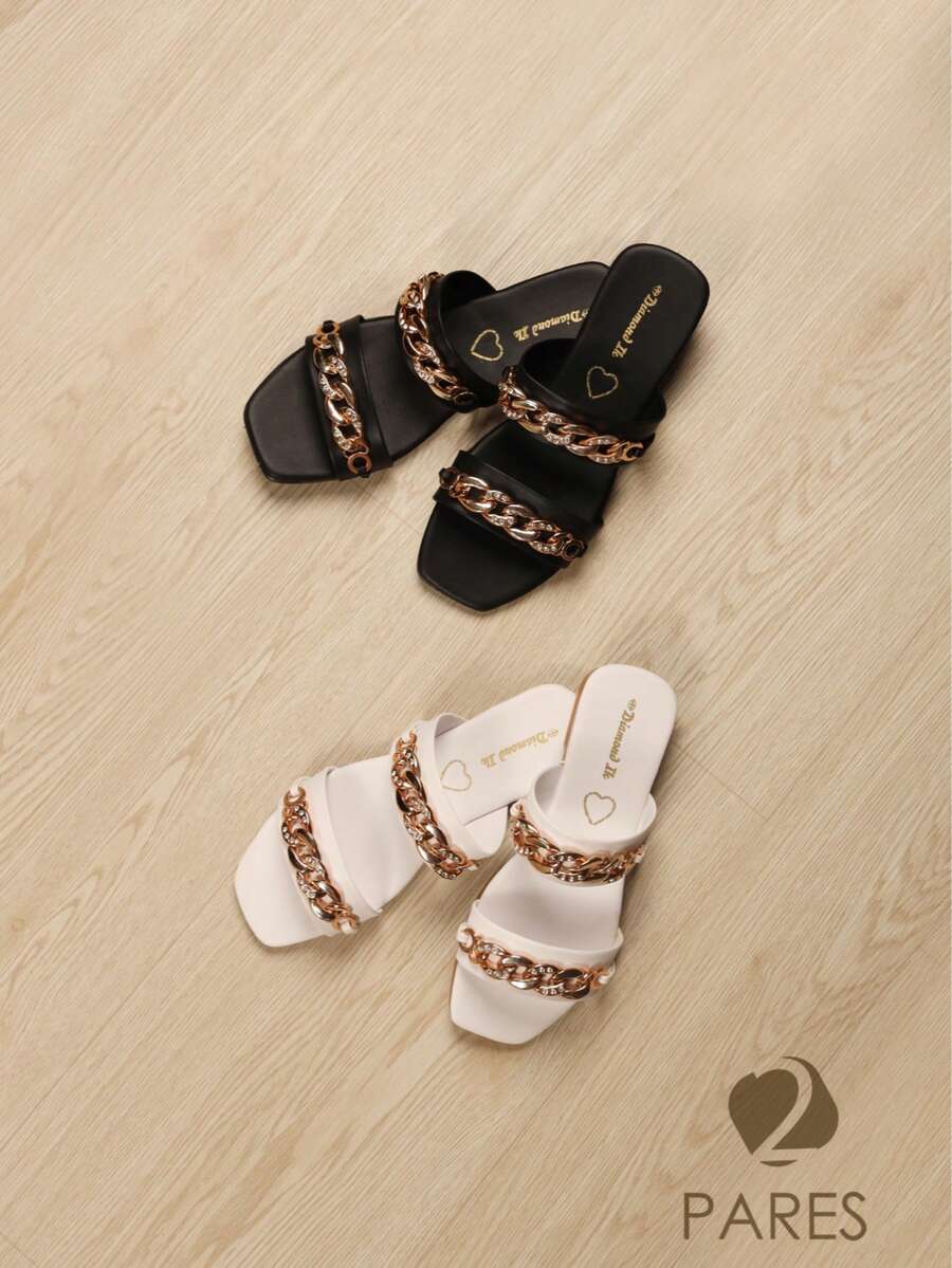 Paquete de dos pares de sandalia plana para dama, punta abierta, adecuada para cualquier ocasión. - Blanco - Ver 1