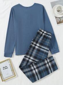 Tween Boy Brown Solid Comfortable Plaid 2 Pieces Pajama Set (Long Pants & Long Sleeve) Fall Winter Boys Lounge Set Plaid Pajama Set