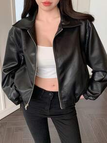 DAZY 1件女士纯色前拉链长袖口袋简约PU皮夹克，秋季女装皮夹克