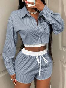 BamGleam 2 piezas Conjunto informal de top corto con botones y pantalones cortos a rayas para mujer - Neblina azul - Ver 7