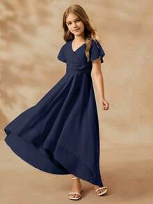 女童优雅V领无袖高腰长款不对称下摆雪纺蓝色连衣裙 - 藏蓝色 - 查看 5