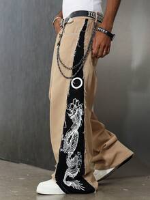 Manfinity EMRG 男士宽松中国龙印花口袋做旧阔腿休闲牛仔裤 - 彩色 - 查看 5