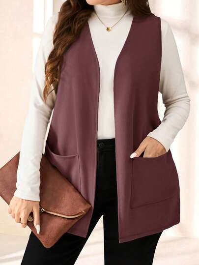 EMERY ROSE 加大码纯色无袖宽松口袋简约休闲夹克，春夏，夏季服装，度假装女士/度假