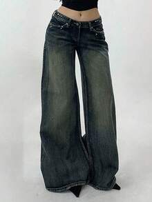 DAZY Quần jeans nữ ống rộng dáng suông có túi, phong cách thường ngày đa năng Y2K - Rửa trung bình - Xem 2