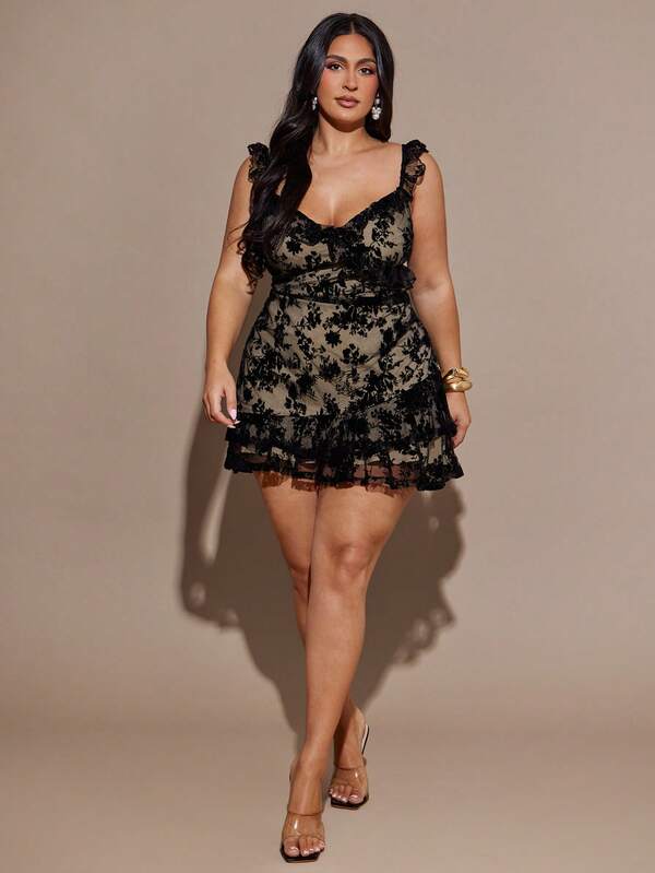 SHEIN BAE Vestido mini elegante, romántico y sexy con cuello en V, dulce y versátil para citas, con volantes en el bajo, para mujer de talla grande. Vestido corto para playa, resort y fiesta. Vestido de talla grande marrón, vestido de talla grande con volantes, vestido marrón chocolate.