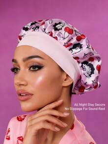 Betty Boop x SHEIN Phiên bản nâng cấp của mũ ngủ hai lớp, chăm sóc tóc, mũ ngủ satin co giãn vành rộng, mềm mại và thoải mái, thích hợp cho giấc ngủ hàng ngày ở nhà, màu hồng anh đào, ý tưởng quà tặng, tiệc tùng, ngày lễ, Ngày Valentine. - Hồng - Xem 2