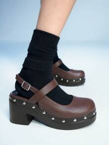 Sugerpunk Women's Fashion Hollow Strap Buckle Closed Toe Thick Sole Comfortable Versatile Retro High Heel Sandals - Brown - View 3