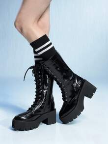 Sugerpunk 女士时尚黑色厚底摩托车中筒靴，街头风格 - 黑色 - 查看 9