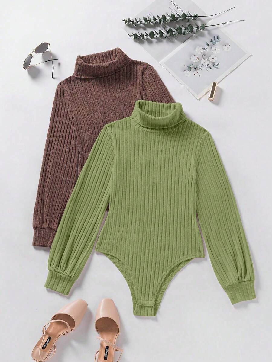 SHEIN 2pcs Set Bodysuit, Colorful Design, Comfortable Autumn/Winter Base Layer Bodysuit - Brown - View 1