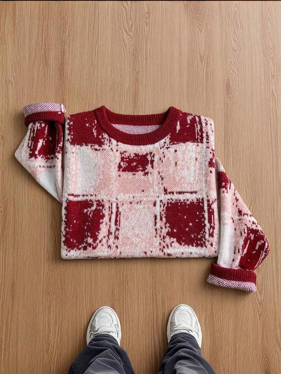 Manfinity Hypemode Men's Plaid Pattern Crew Neck Casual Long Sleeve Pullover Sweater , Fall/Winter - Multicolor - View 1