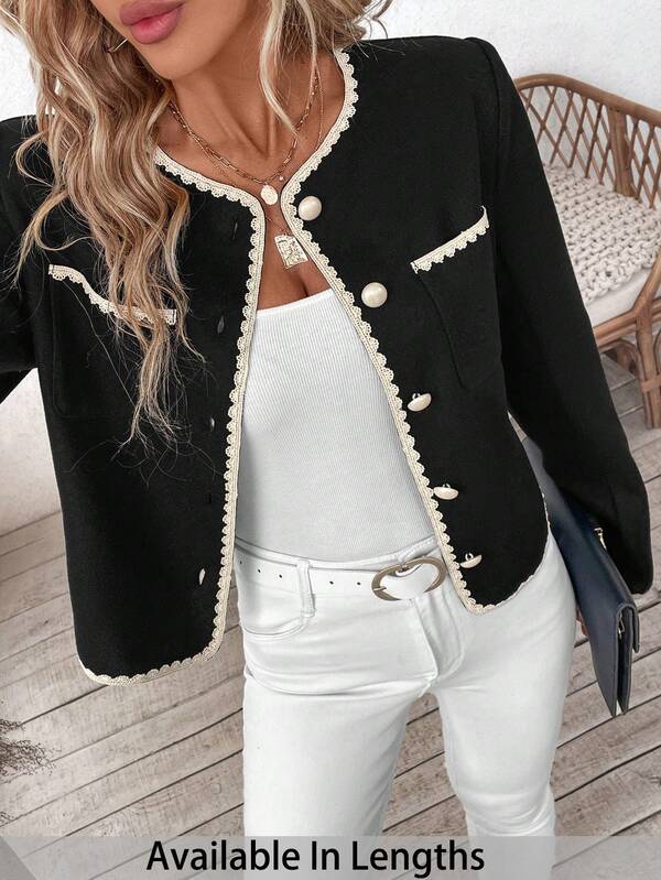 SHEIN PETITE CURVE Plus Size Premium Two-Tone Trim Woven Short Jacket, Autumn Winter