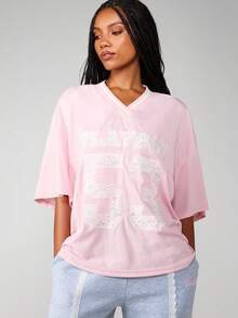 Missguided x Playboy Jersey con cuello en V y detalles de diseño en contraste con aplicación de encaje oversize - Rosa vieja - Ver 3