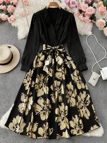 Franclia Robe d'automne pour femmes à manches longues, col en V, taille cintrée, avec imprimé floral doré sur le bas, style mode et polyvalent - Noir - Voir 4