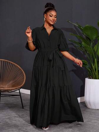 SHEIN CURVE+ 2025 大码女式纯色短袖春季 A 字形褶皱拼接长裙，曲线加大，波西米亚度假大码黑色连衣裙大码孕妇装黑色孕妇装孕妇装